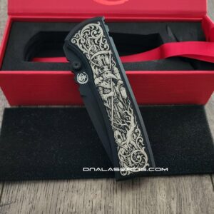 Chaves Redencion 229 Framelock Mag Tanto – Black PVD M390 – Custom Plague Doctor Laser Engraved Scale Insert
