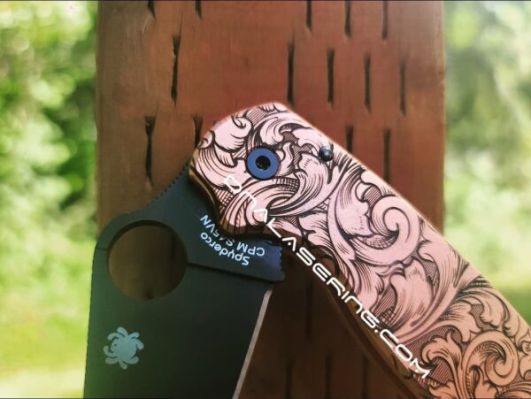 il_fullxfull.3998263348_dxz7.jpg Leaf Scroll - Spyderco PM3 Copper -Laser Engraved Copper Knife Scales - Para 3 - Flytanium - Knife & Hardware Optional