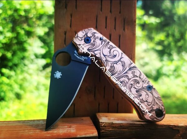 il_fullxfull.3998263370_i0pv.jpg Leaf Scroll - Spyderco PM3 Copper -Laser Engraved Copper Knife Scales - Para 3 - Flytanium - Knife & Hardware Optional