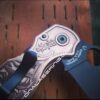 il_fullxfull.4168141511_tp3o.jpg Japanese Devil Mask - Spyderco PM3 - NEW Relief Engraving Style - Laser Engraved Copper PM3 Knife Scales - Flytanium - Knife Install Option