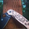 il_fullxfull.4168141541_3mwf.jpg Japanese Devil Mask - Spyderco PM3 - NEW Relief Engraving Style - Laser Engraved Copper PM3 Knife Scales - Flytanium - Knife Install Option