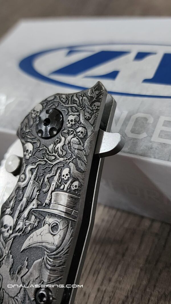 il_fullxfull.8352975226_7nvo.jpg Plague Doctor - ZT Hinderer Slicer Framelock - Deep Relief Fiber Laser Engraving - EDC Knife - NIB