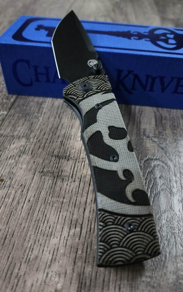 Chaves Blue Label Black Micarta Knife | Seigaiha Wave Engraved Chaves Skull | Black Tanto Blade or Drop Point Available