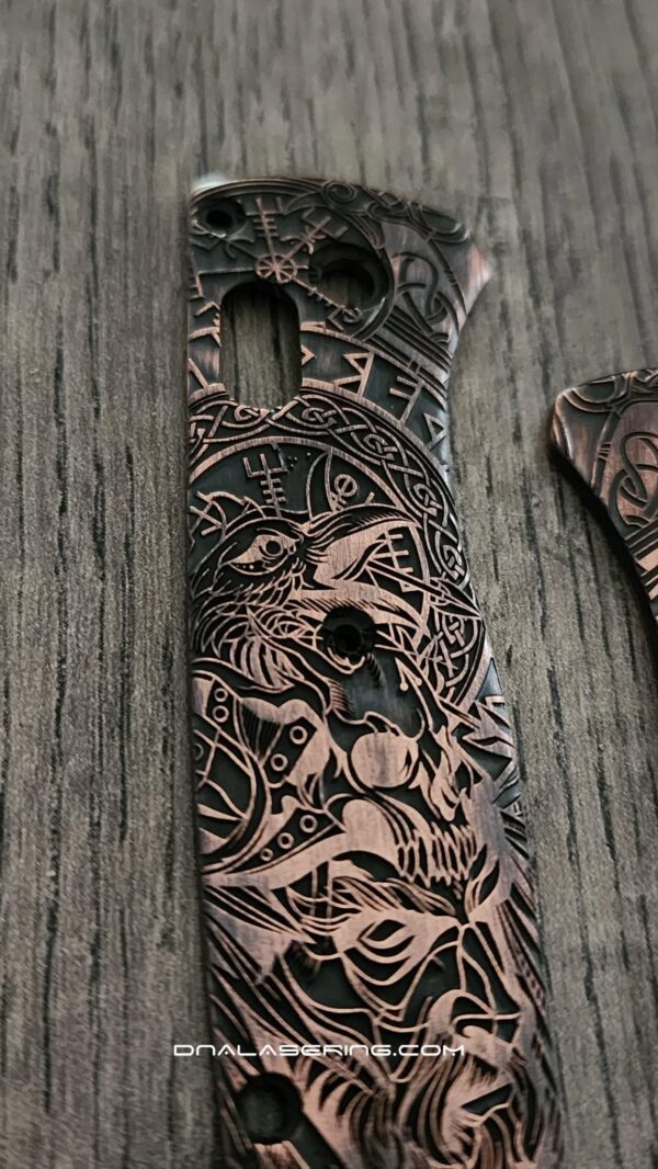 il_fullxfull.8383185924_4x7y.jpg Viking - Odin - Norse God - Relief Engraved & Aged - Benchmade Bugout Copper - Laser Engraved Copper Knife Scales - EDC Gear
