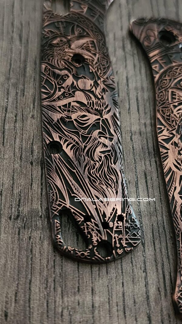 il_fullxfull.8383185962_mwlh.jpg Viking - Odin - Norse God - Relief Engraved & Aged - Benchmade Bugout Copper - Laser Engraved Copper Knife Scales - EDC Gear