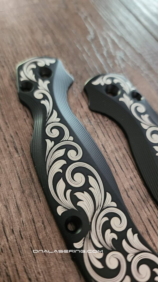 il_fullxfull.8386029520_syze.jpg Titanium Black Laser Engraved Custom Ornate Scroll - Spyderco Paramilitary 2 Lotus Scales - PM2 Scales - Flytanium Gear