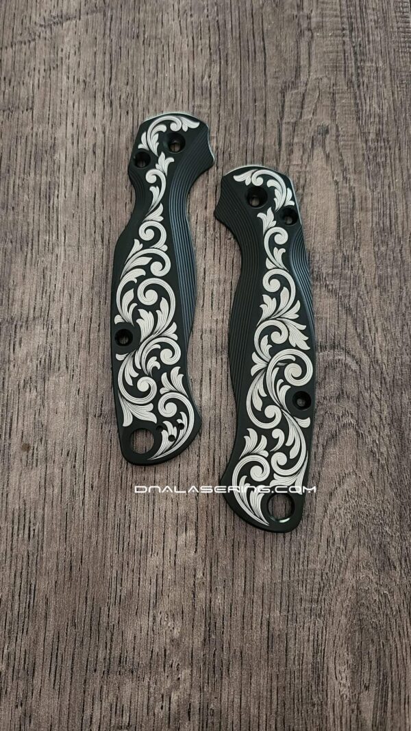 il_fullxfull.8386032236_7ldb.jpg Titanium Black Laser Engraved Custom Ornate Scroll - Spyderco Paramilitary 2 Lotus Scales - PM2 Scales - Flytanium Gear
