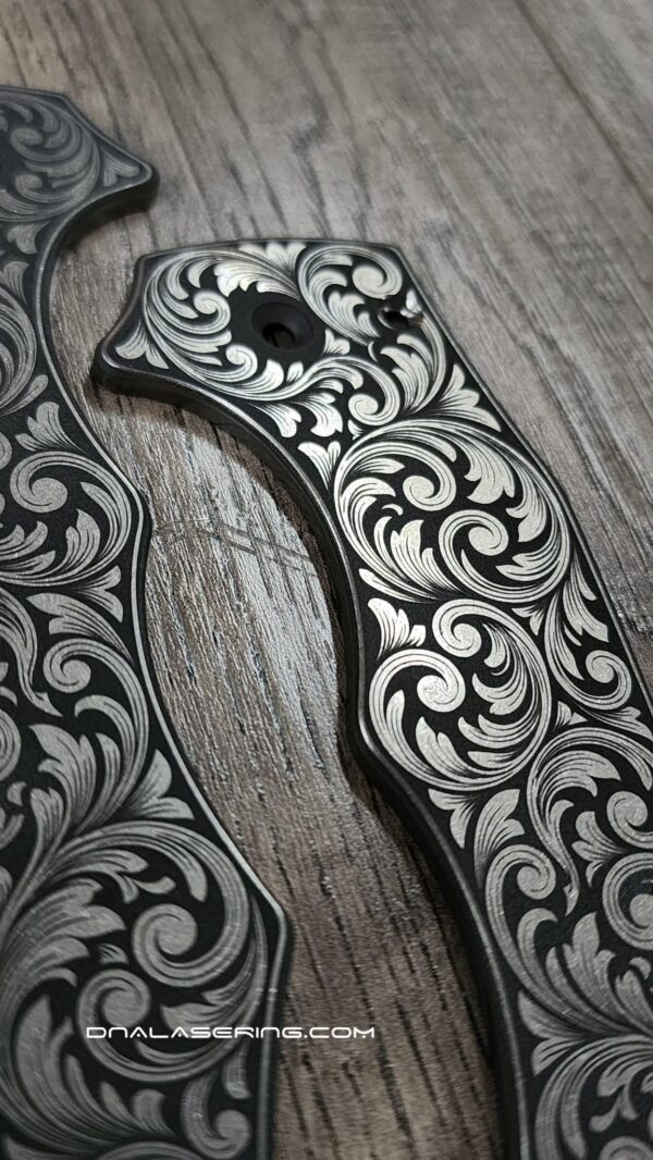 Custom Contoured Scroll - Spyderco YoJumbo - Deep Laser Engraved - Titanium Scales - EDC Gear *Scales/Handles Only*