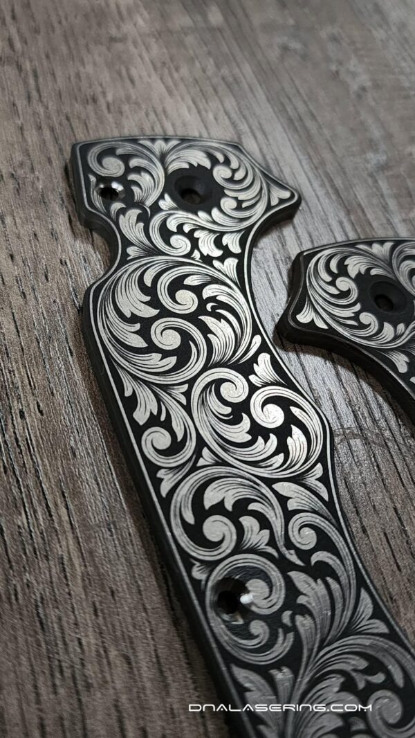 Custom Contoured Scroll - Spyderco YoJumbo - Deep Laser Engraved - Titanium Scales - EDC Gear *Scales/Handles Only*