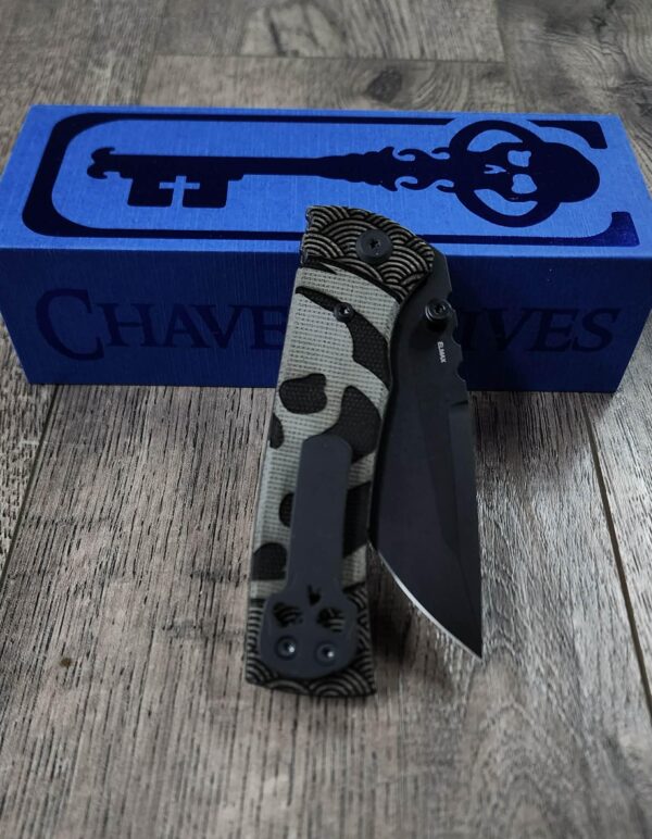 Chaves Blue Label Black Micarta Knife | Seigaiha Wave Engraved Chaves Skull | Black Tanto Blade or Drop Point Available