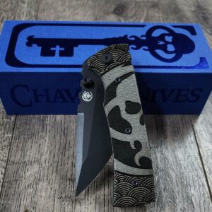 il_fullxfull.8411473723_ke6b.jpg Chaves Blue Label Black Micarta Knife | Seigaiha Wave Engraved Chaves Skull | Black Tanto Blade or Drop Point Available
