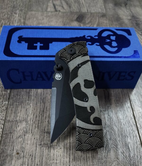 Chaves Blue Label Black Micarta Knife | Seigaiha Wave Engraved Chaves Skull | Black Tanto Blade or Drop Point Available