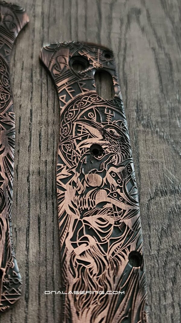 il_fullxfull.8431059309_gt72.jpg Viking - Odin - Norse God - Relief Engraved & Aged - Benchmade Bugout Copper - Laser Engraved Copper Knife Scales - EDC Gear