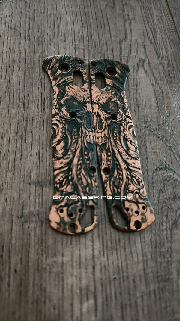il_fullxfull.8431065153_3eai.jpg Davy Jones - Relief Engraved & Aged - Benchmade Bugout Copper - Laser Engraved Copper Knife Scales - EDC Gear