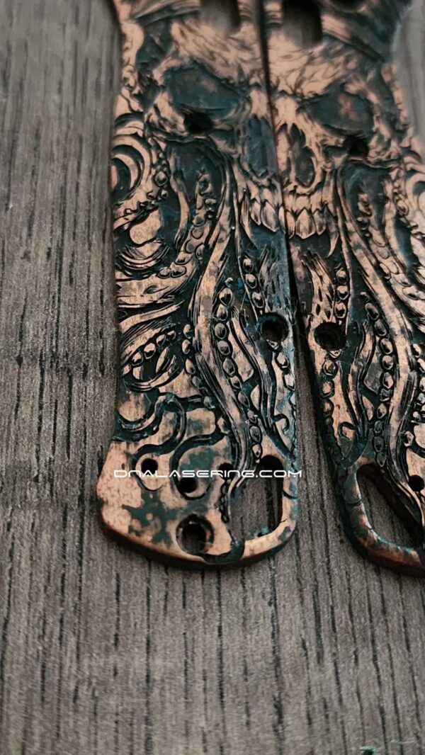 il_fullxfull.8431065175_swwa.jpg Davy Jones - Relief Engraved & Aged - Benchmade Bugout Copper - Laser Engraved Copper Knife Scales - EDC Gear