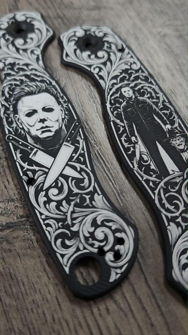 il_fullxfull.8126657497_7dl6.jpg Custom Spyderco PM2 Black Aluminum AWT Legacy | Michael Myers & Freddy Krueger Horror Engraving | Custom Laser Engraved - Made in USA!