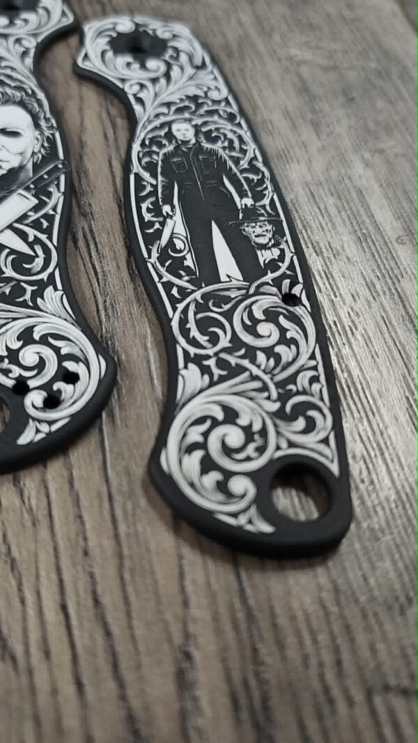 il_fullxfull.8126658275_isuq.jpg Custom Spyderco PM2 Black Aluminum AWT Legacy | Michael Myers & Freddy Krueger Horror Engraving | Custom Laser Engraved - Made in USA!