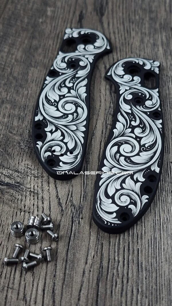 Benchmade Griptilian Aluminum Scales – Black Anodized Custom Scroll Design – Laser Engraved Griptilian Scales – Satin Hardware Included