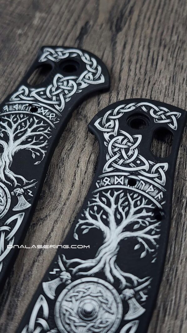 Benchmade Griptilian Aluminum Scales – Black Anodized Viking Tree of Life Design – Laser Engraved Scales – Satin Hardware Included