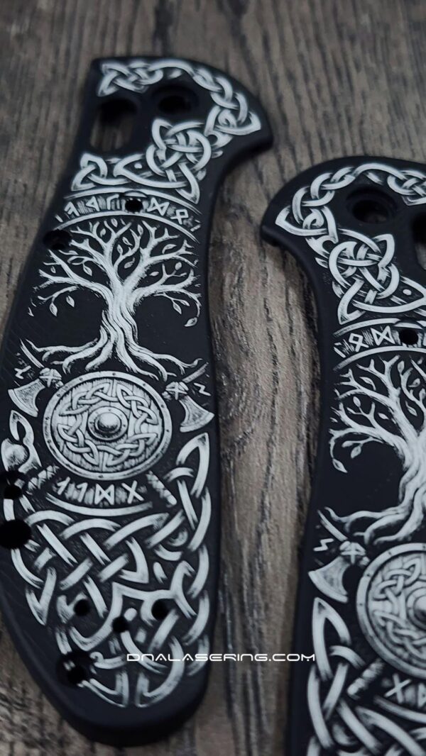Benchmade Griptilian Aluminum Scales – Black Anodized Viking Tree of Life Design – Laser Engraved Scales – Satin Hardware Included